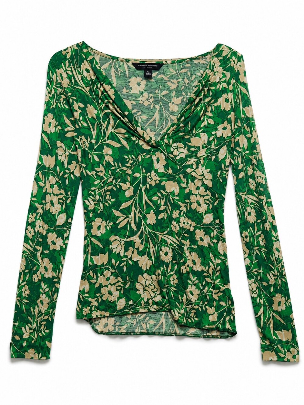 Banana Republic Silk Blend Green Floral V-Neck Long Sleeve Top